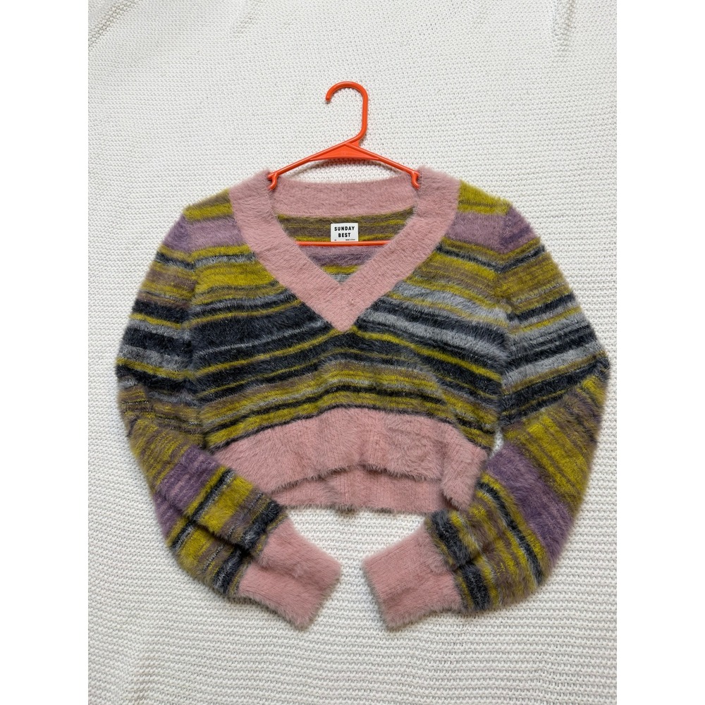 Sunday Best Aritzia Fuzzy Striped Cropped Sweater V-Neck Pink Multi XS